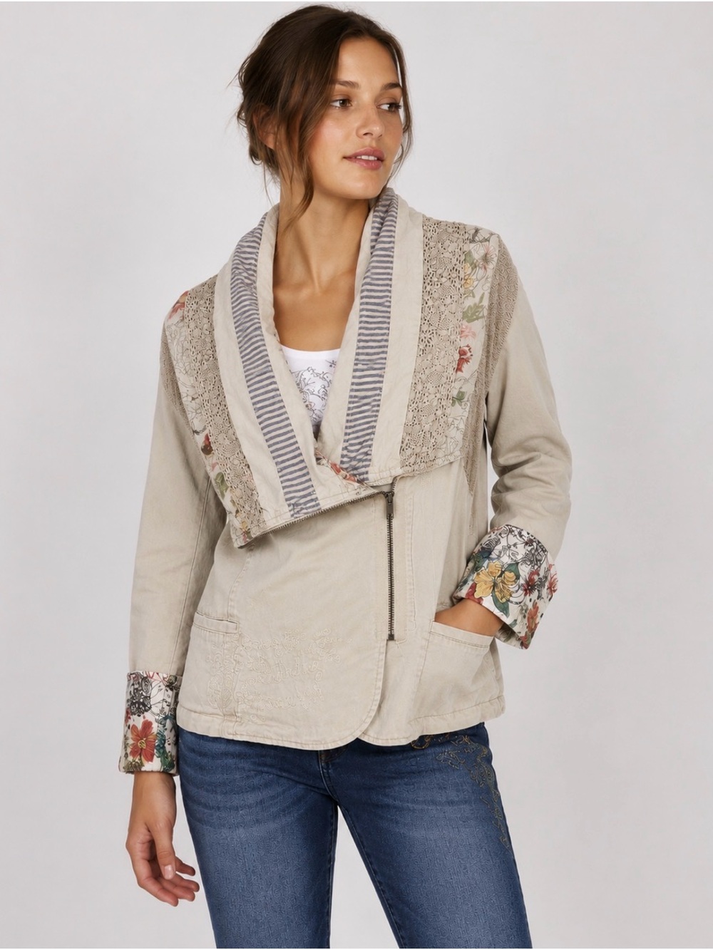 Desigual Beige Mixed-Media Shawl-Collar Jean Jacket